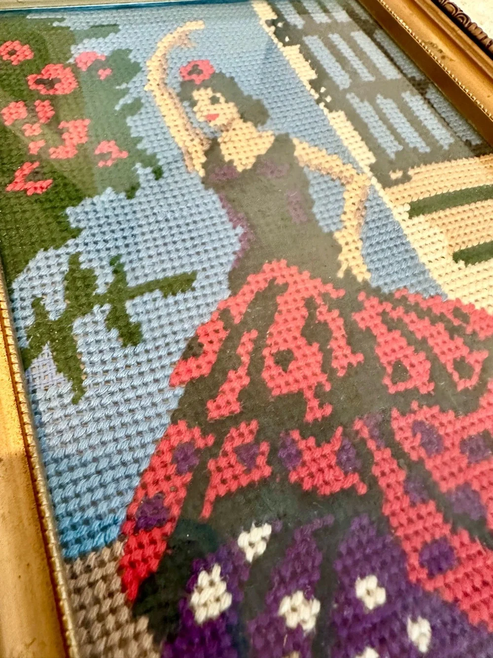 Vtg. 70's Needlepoint Tapestry Flamenco Dancer Gold Frame Wall Art Decor MCM